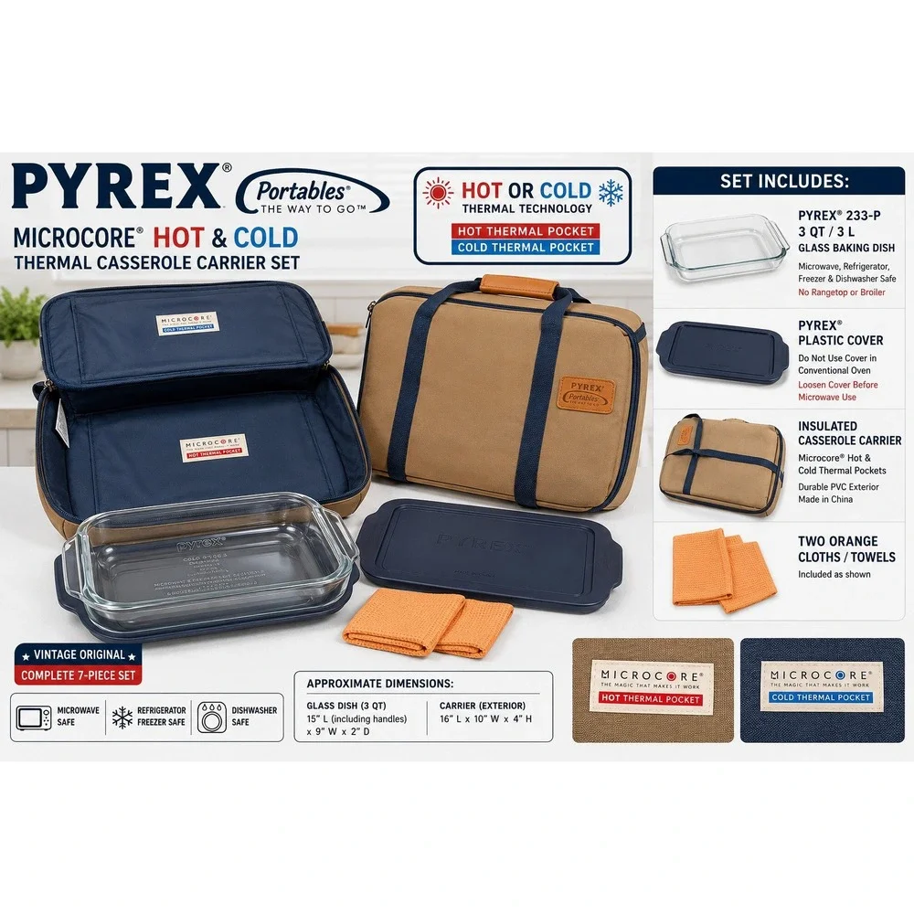 Pyrex Portables Microcore Hot Cold Thermal Casserole Carrier Set 3QT Glass Dish